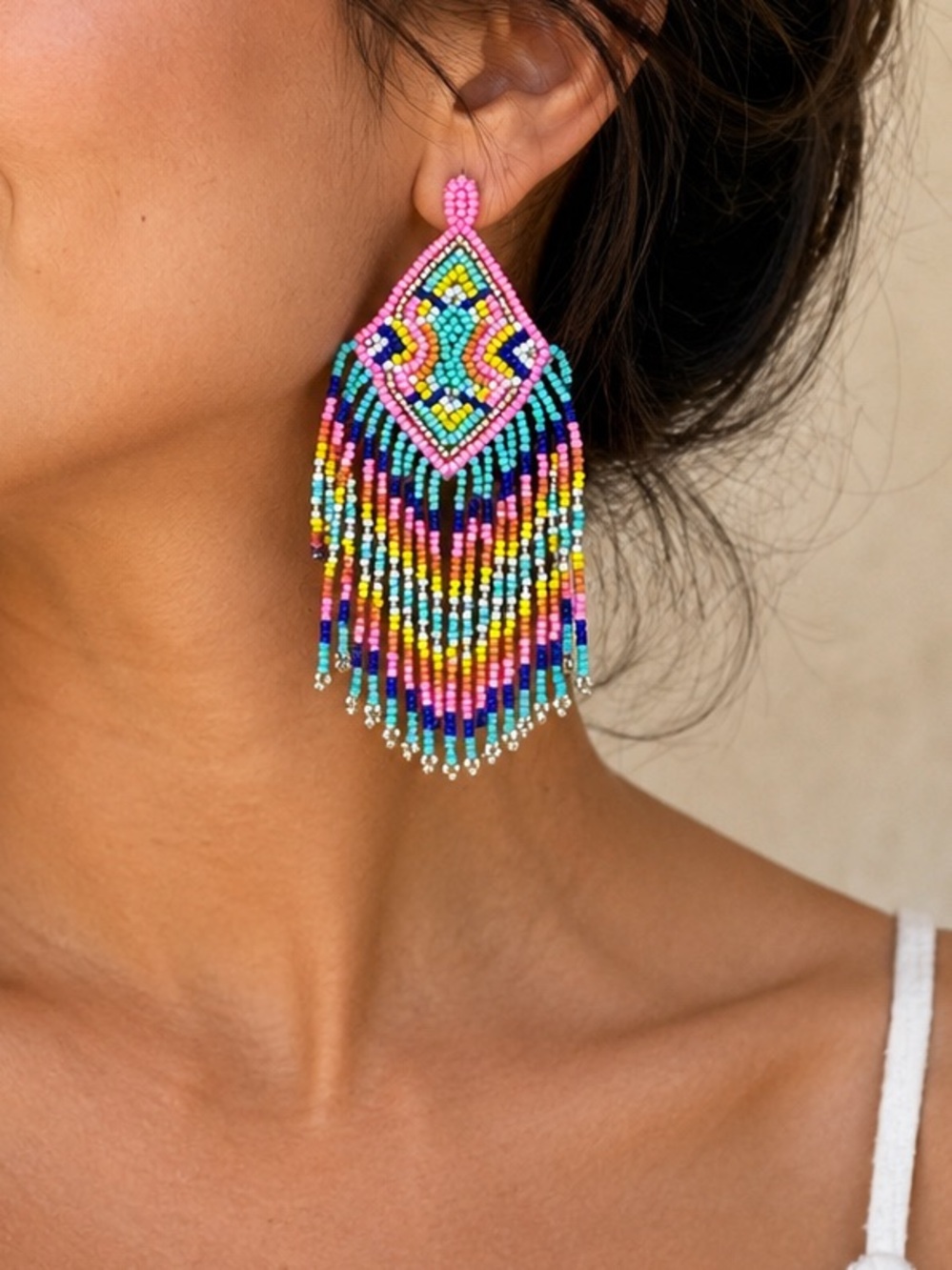 🔹 NWOT America & Beyond  Beaded Fringe Earrings Pink, Turquoise, Yellow & Blue